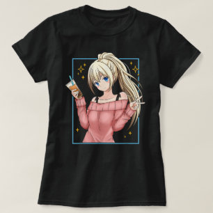 Camiseta Arte de Anime Menina Fofa com Chá de Bolhas