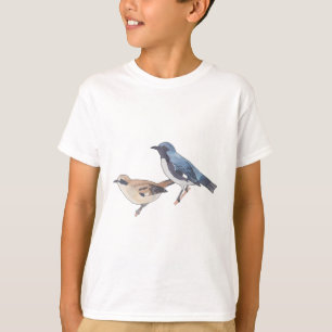 Camiseta Arte de aquarela de aves com gargalo azul-preto