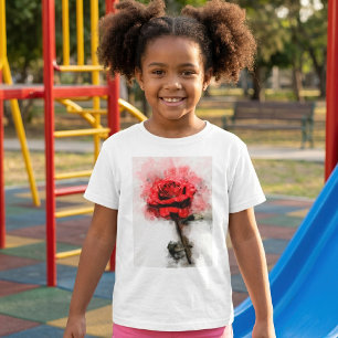Camiseta Arte de Aquarela de Rosa Vermelha em Fundo Branco