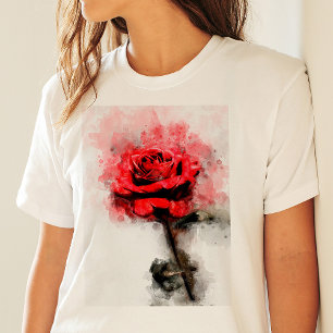 Camiseta Arte de Aquarela de Rosa Vermelha em Fundo Branco