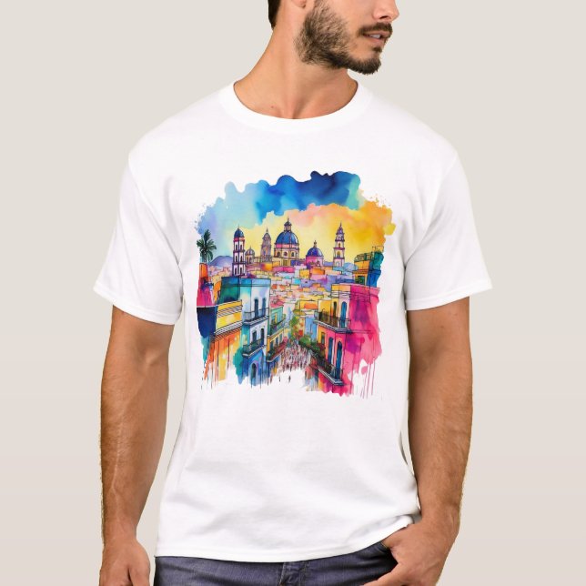 Camiseta Arte de Aquarela na Cidade do México (Frente)
