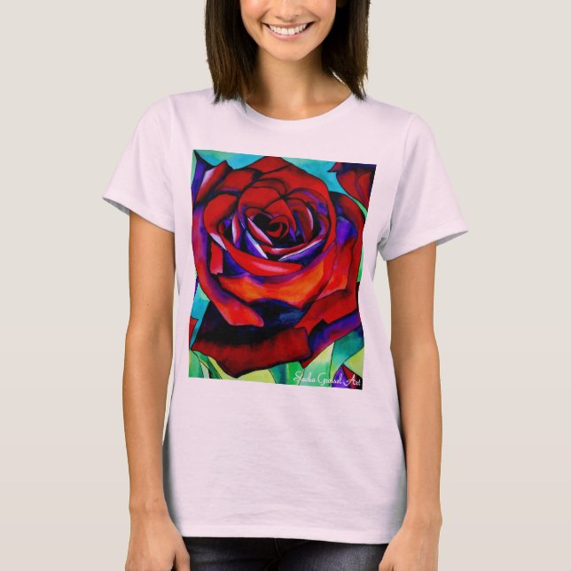 Camiseta Arte de aquarela original rosa da paixão vermelha (Frente)