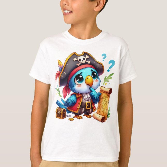 Camiseta Arte de Aventura de Papagaio Pirata Fofo (Frente)