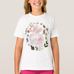 Camiseta Arte de Berço de Grinalda Floral de Coelhinho da P