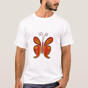 Camiseta Arte de Borboleta Laranja Vermelha e Amarela