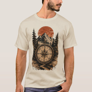 Camiseta Arte de Bússola de Montanha Vintage