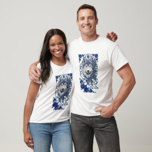 Camiseta Arte de Cabeça de Lobo Azul Místico Desenho de M