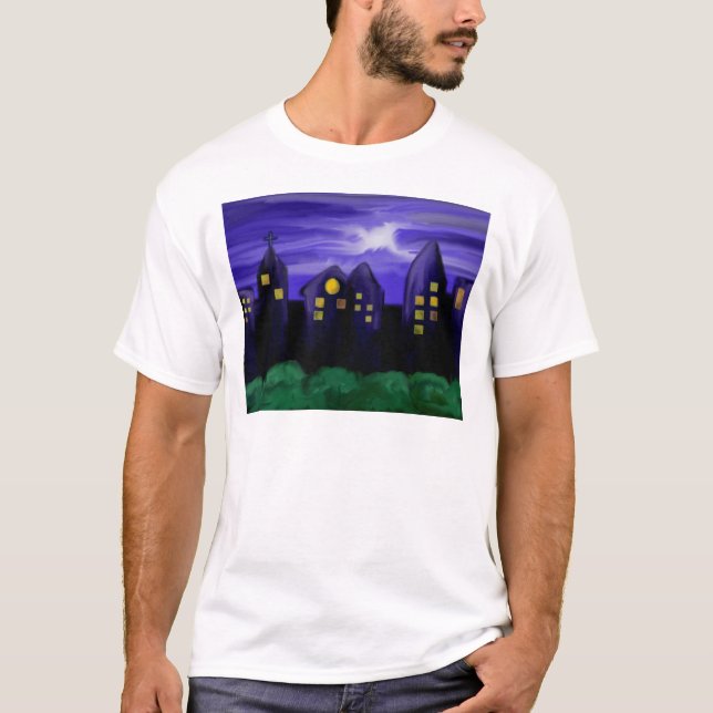 Camiseta Arte de canvas do arranha-céu noturno (Frente)
