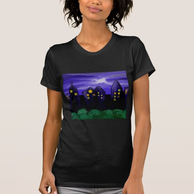 Camiseta Arte de canvas do arranha-céu noturno (Frente)
