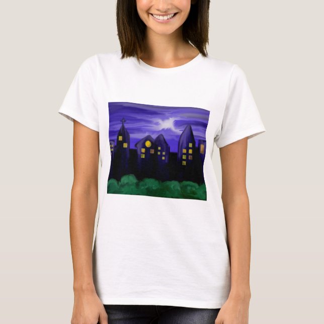 Camiseta Arte de canvas do arranha-céu noturno (Frente)
