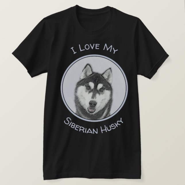 Camiseta Arte de Cão Siberiana (Preto e Branco) (Frente do Design)