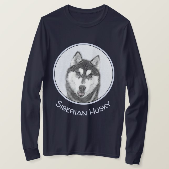 Camiseta Arte de Cão Siberiana (Preto e Branco) (Frente do Design)