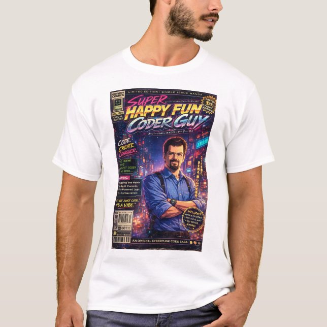 Camiseta Arte de Capa do Super Feliz Cara Programador Diver (Frente)