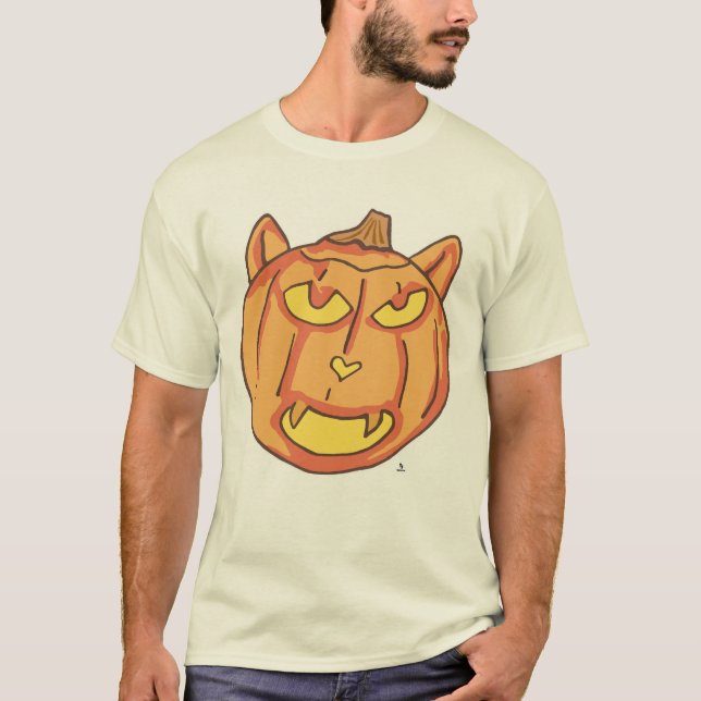 Camiseta Arte de Cartoon de Pumpkin de Gato Halloween Jack- (Frente)