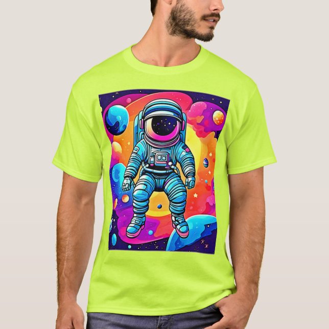 Camiseta Arte de Cartoon Espacial Vibrante: Sonhos Astronau (Frente)