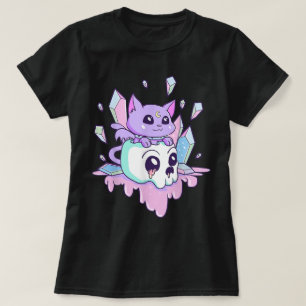 Camiseta Arte de Caveira de Cristal de Gato Gótico Kawaii