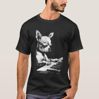 Camiseta Arte de Chihuahua Cachorro Engraçado Tocando Piano