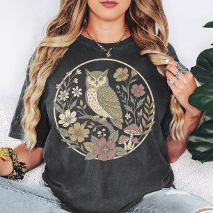 Camiseta Arte de Círculo de Cogumelo Floral de Coruja Vinta