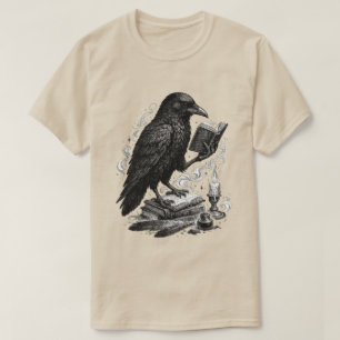 Camiseta Arte de Corvo Gótico Lendo Livros Antigos