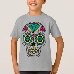 Camiseta Arte de Crânio de Açúcar Cinza, Dia dos Mortos