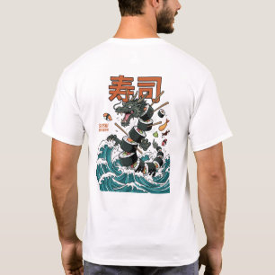 Camiseta Arte de Dragão Japonês e Onda de Sushi