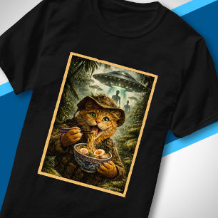 Camiseta Arte de Encontro Alienígena com Gato da Selva Come