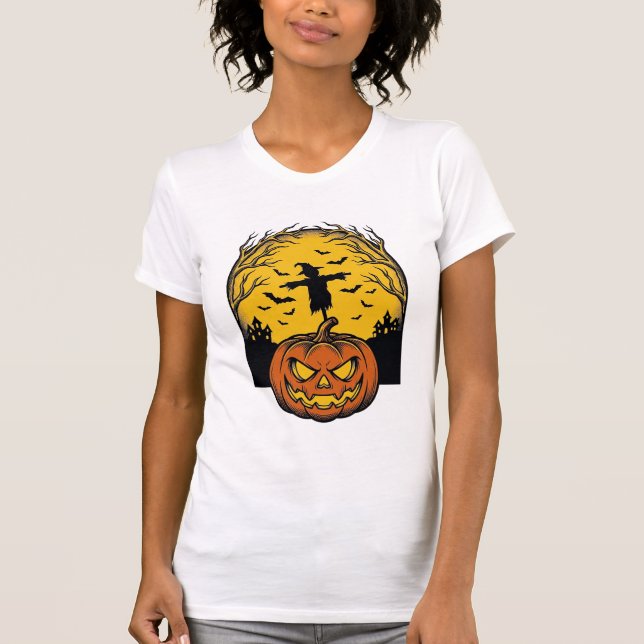 Camiseta Arte de Espantalho de Lua de Abóbora de Halloween  (Frente)