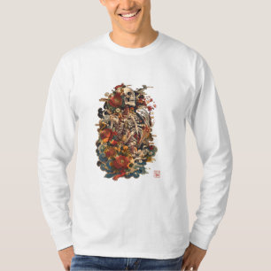 Camiseta Arte de Esqueleto Japonês   Caveira Floral Gótica