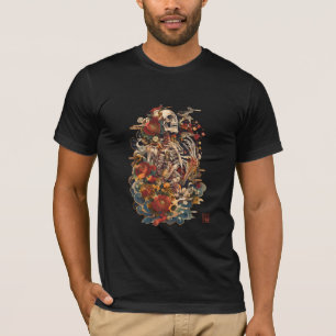 Camiseta Arte de Esqueleto Japonês Caveira Floral Gótica