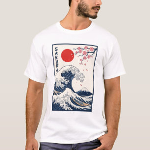 Camiseta Arte de Flor de Cerejeira da Onda Grande Japonesa 