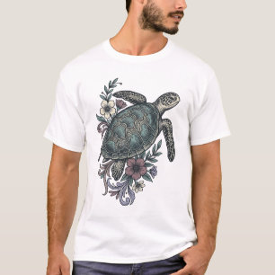 Camiseta Arte de Flor Tropical de Tartaruga Marinha Gravada