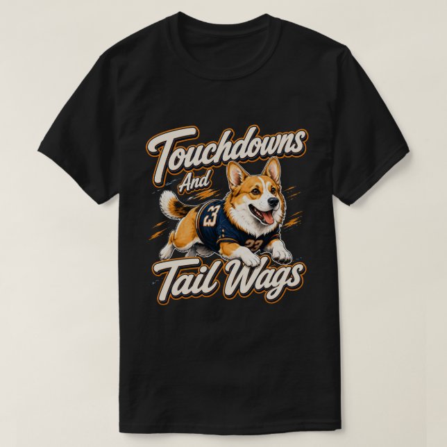 Camiseta Arte de Futebol Corgi com Touchdowns e Abanos de C (Frente do Design)