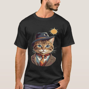 Camiseta Arte de Gato Elegante com Chapéu