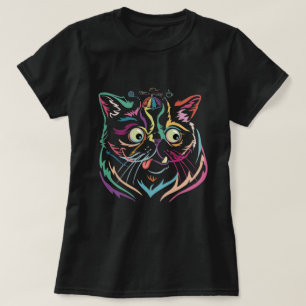 Camiseta Arte de Gato em Linha Abstrata Arco-íris