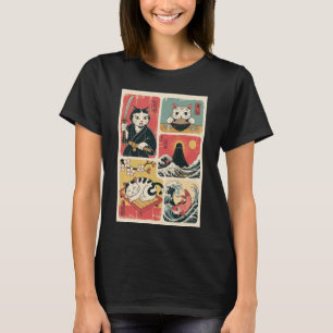 Camiseta Arte de Gato Japonês Estilo Retro Vintage Gatos En