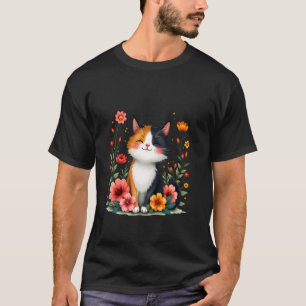 Camiseta Arte de Gato Malhado Fofo Cottagecore Floral