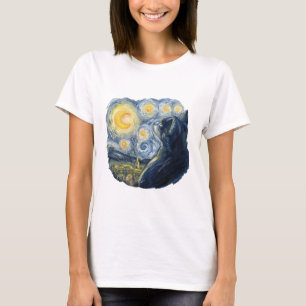 Camiseta Arte de Gato Noturno Estrelado Estilo Van Gogh Art