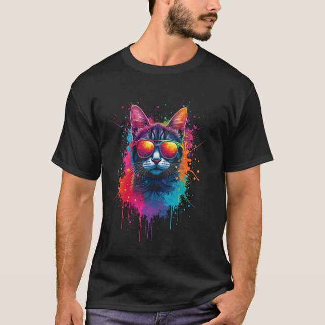 Camiseta Arte de gato, óculos de sol (Frente)