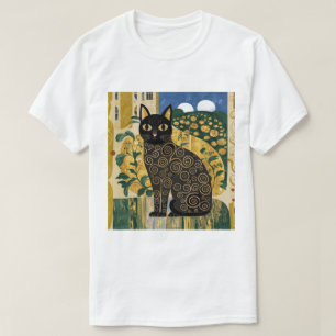 Camiseta Arte de Gato Preto Decorativo Dourado no Estilo Gu