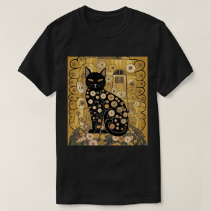 Camiseta Arte de Gato Preto Decorativo Dourado no Estilo Gu