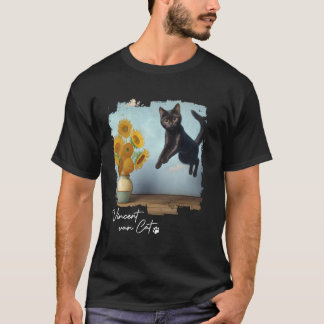 Camiseta Arte de Gato Preto Girassóis, Vincent van Gato, Di