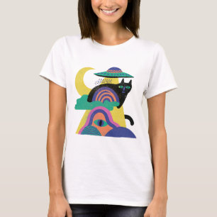 Camiseta Arte de Gato Preto OVNI Lua