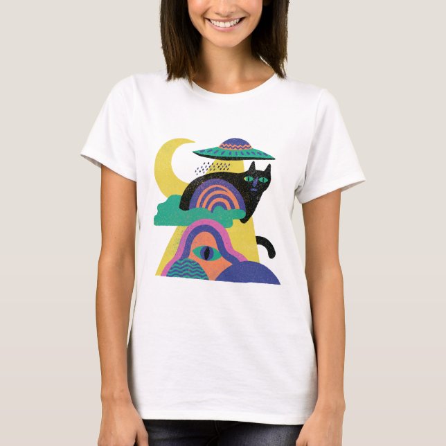 Camiseta Arte de Gato Preto OVNI Lua (Frente)