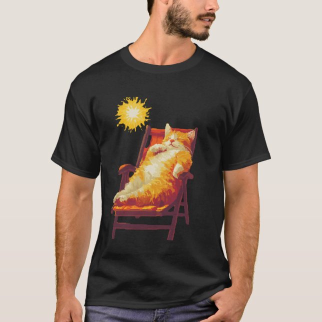 Camiseta Arte de Gato Relaxando sob o Sol de Verão (Frente)
