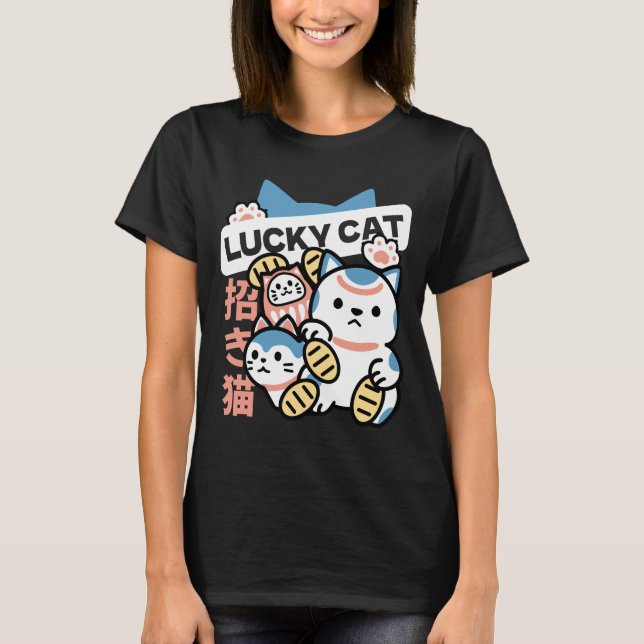 Camiseta Arte de Gato Sortudo – Maneki Neko com Moeda de Ou (Frente)