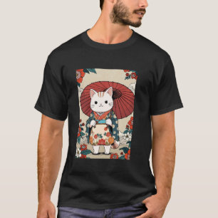 Camiseta Arte de Gato Vintage Ukiyo-e Gatinho Fofo Geisha J