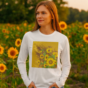 Camiseta Arte de Girassol Grunge Negrito Rústico Floral Ama