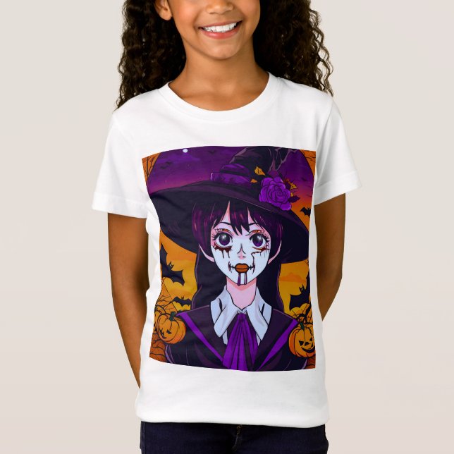 Camiseta Arte de Halloween de Bruxa de Animes Góticos (Frente)