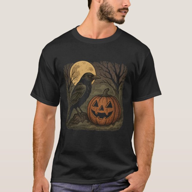 Camiseta Arte de Halloween de Corvo Rústico e Abóbora: Lua  (Frente)