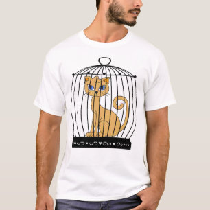 Camiseta Arte de Humor Gato Divertido Preso em Gaiola de Pá